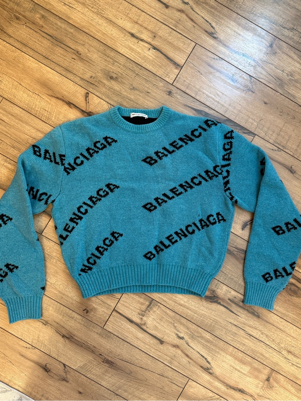 Balenciaga Teal Crewneck Sweater with Black Logo